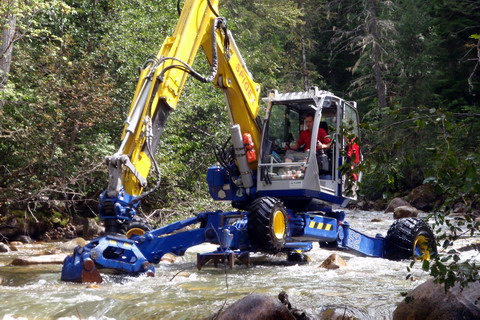 Called in to a restoration job in swift water — the spider is built to work directly in the creek.